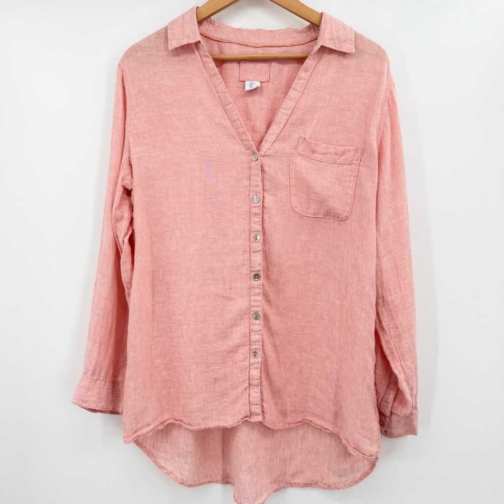 Sigrid Olsen Womens Large Coral Pink 100% Linen Button Down Shirt High Low Hem - Picture 2 of 9